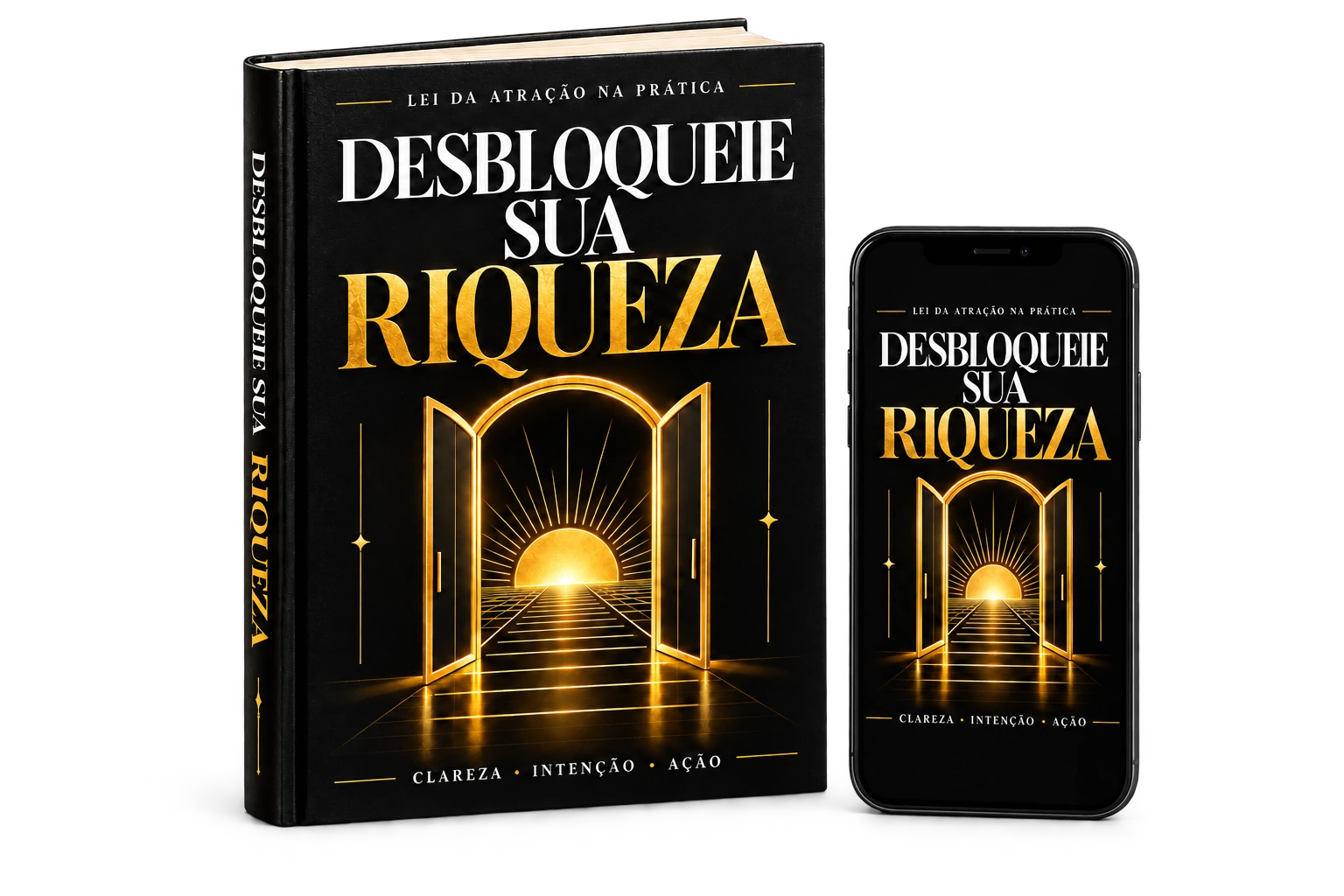 Livro e celular com a capa preta e dourada de Desbloqueie Sua Riqueza